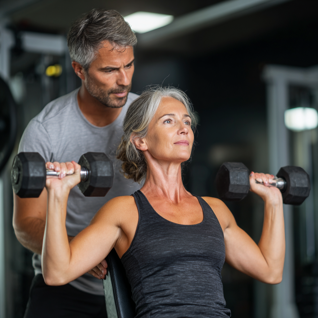 middle-aged woman doing strength training with professional trainer guidance