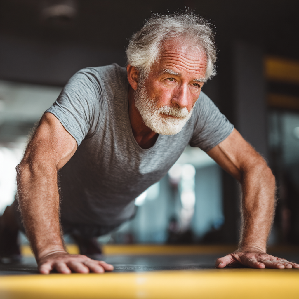senior man performing functional exercises with focus and determination